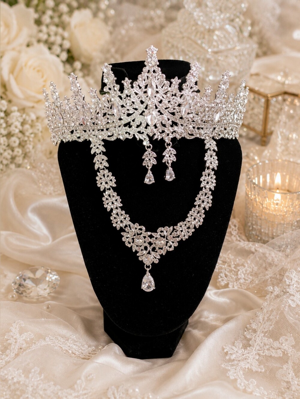 Luxury Bridal Jewelry Set Silver Crystal Tiara Crown Necklace Earrings 3pc